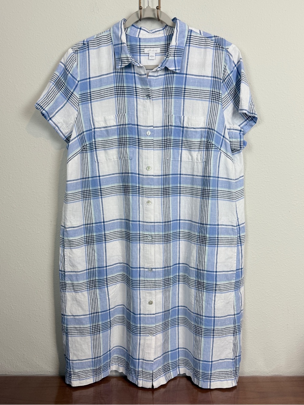J. Jill Linen Blue & White Plaid Short-Sleeve Button Up Shirt Dress L